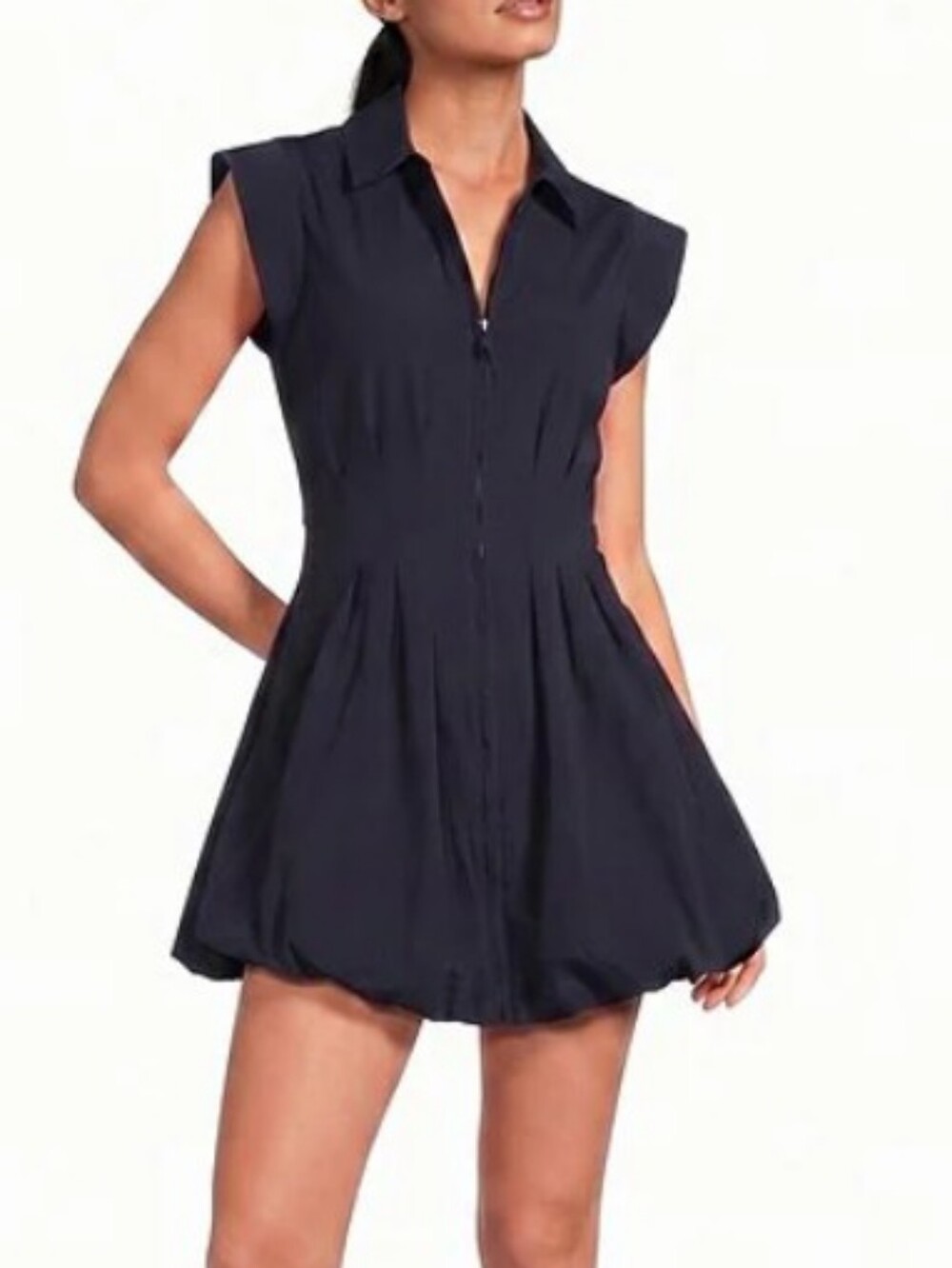 Steve Madden Black Zip-Up Cap-Sleeve Bubble Hem Mini Dress